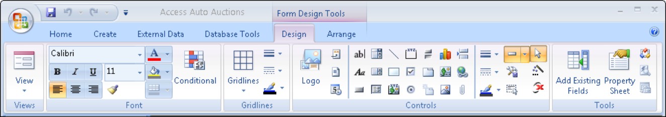 The Form ribbon’s Design tab for Layout View